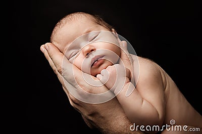 Newborn Baby Sleeping on Father Hand, New Born Kid Studio Portrait Stock Photo