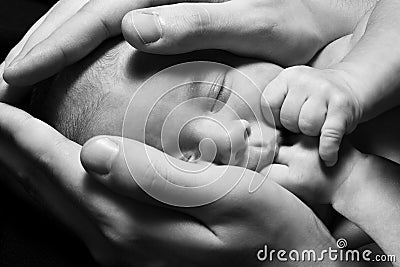 Newborn baby sleeping into parents hands. Concept. Stock Photo