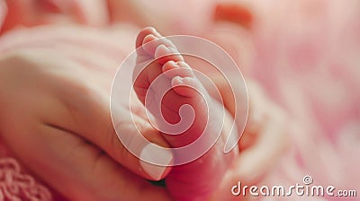 Newborn Baby Tiny Feet Cradled in Parent's Hands. Generative ai Cartoon Illustration