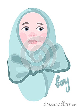 Babyboy in blue blanket with ribbon. Vector isolated illustration with lettering. Vector Illustration