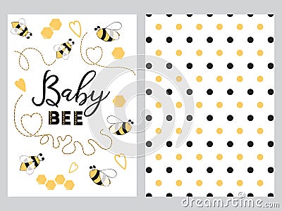 NewBorn banner design text Baby bee decorated bee heart honey sweet Plka Dot background set Cartoon Illustration