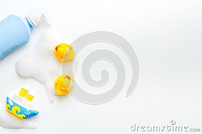 Newborn bath time concept with care cosmetics product Stock Photo