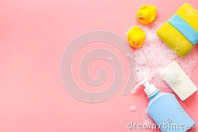 Newborn bath time concept with care cosmetics product Stock Photo