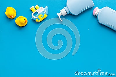 Newborn bath time concept with care cosmetics product Stock Photo