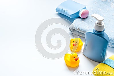 Newborn bath time concept with care cosmetics product Stock Photo