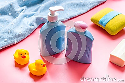 Newborn bath time concept with care cosmetics product Stock Photo