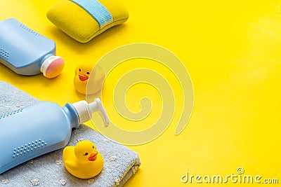 Newborn bath time concept with care cosmetics product Stock Photo