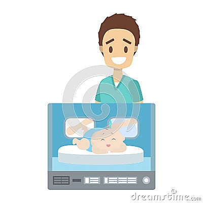 Newborn child in the hospital incubator box Vector Illustration