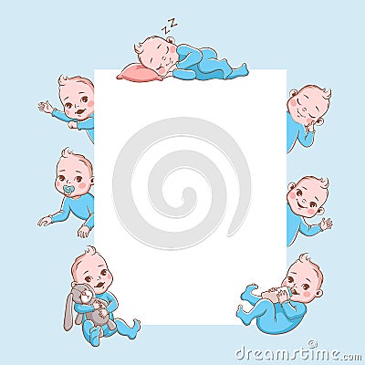 Newborn children banner. Cute cartoon baby frame, infant blond smiling toddler in blue clothes in different poses. Happy Vector Illustration