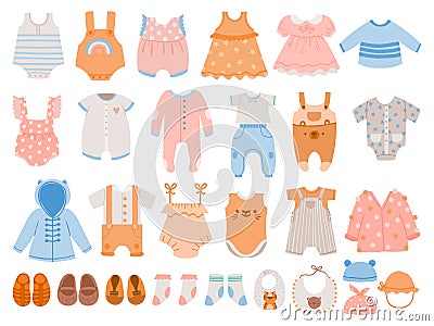 Newborn clothes. Baby apparel for boys and girls, dresses, jumpsuit, body suits, rompers, t-shirts and pants. Cartoon Vector Illustration