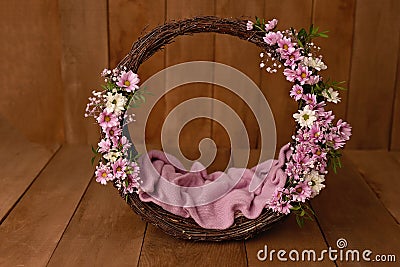 Newborn Digital Background Spring rose Basket Prop for Newborn Stock Photo