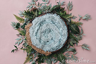 Newborn digital background - wooden bowl with pink faux fur on jute layer and pink backdrop and green leaves wreath Stock Photo