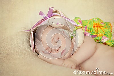 Newborn with Down syndrome sleeping Stock Photo