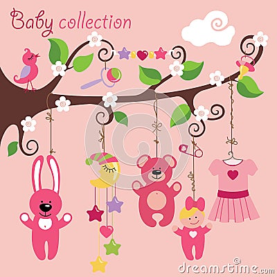 Newborn elements for Baby girl hanging on tree Vector Illustration