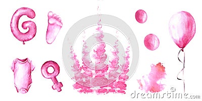 It is a girl gender watercolour illustration set, balloons, letter, footprint, Venus, pink splashes Cartoon Illustration