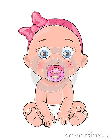 Newborn Girl Toddler Pacifier in Mouth and Diapers Vector Illustration