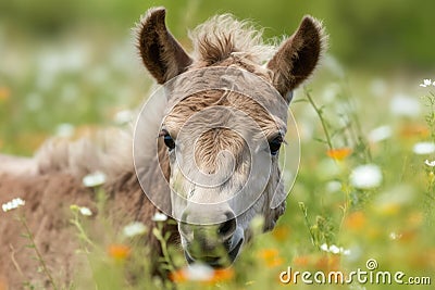 newborn horse, with its fuzzy and fluffy mane, in field of wildflowers Stock Photo