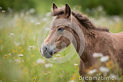 newborn horse, with its fuzzy and fluffy mane, in field of wildflowers Stock Photo