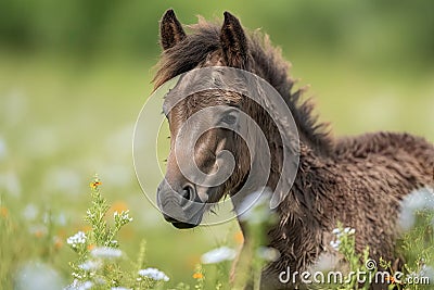 newborn horse, with its fuzzy and fluffy mane, in field of wildflowers Stock Photo