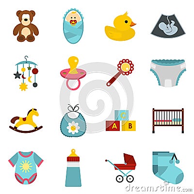 Newborn icons set, flat style Vector Illustration