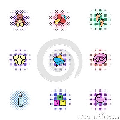 Newborn icons set, pop-art style Vector Illustration