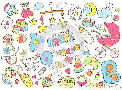 Newborn infant themed doodle set. Baby care, feeding, clothing, Vector Illustration