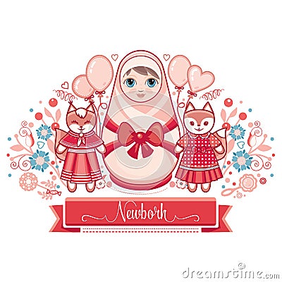 Newborn little baby. Matryoshka. Vector Illustration