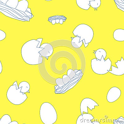 Newborn little birds with eggs on yellow background. Seamless Vector Illustration