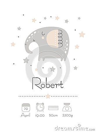 Newborn metric. Poster, elephant. Vector illustration Vector Illustration