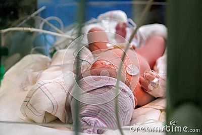 Newborn Through NICU Glass Stock Photo