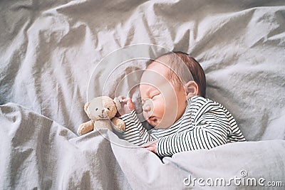 Newborn sleep at first days of life. Portrait of new born baby one week old with cute soft toy in crib in cloth background Stock Photo