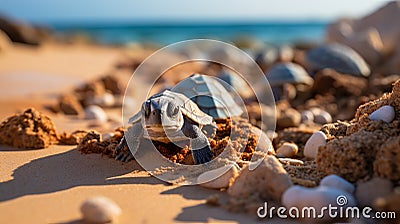 newborn turtles crawl along the sandy beach to the water. Concept: protection of animals and the planet Stock Photo