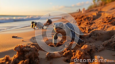 newborn turtles crawl along the sandy beach to the water. Concept: protection of animals and the planet Stock Photo