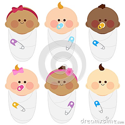 Diverse group of newborn babies wrapped in cloth blankets. Cute swaddled newborn baby infants. Vector Illustration collection Vector Illustration