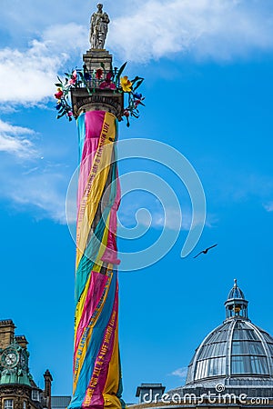 Grey`s Monument decorated as Workers Maypole during the Great Ex Editorial Stock Photo