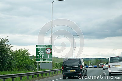 British Motorway sign on the A1 advising drivers of rules and regulations in the three lanes Editorial Stock Photo
