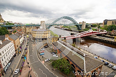 Newcastle upon Tyne England - July 2012: Tyne Bridge during the British Olympics. Olympic Rings on the bridge Editorial Stock Photo