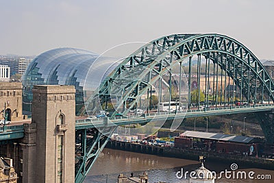 Newcastle upon Tyne UK: April 2022 view of the famous Newcastle Quayside and Tyne Bridge from a high viewpoint at Above in Editorial Stock Photo