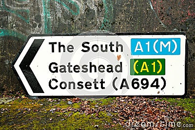 A traffic sign that has fallen down in storm. A1 motorway The South Gateshead Consett A694 Editorial Stock Photo
