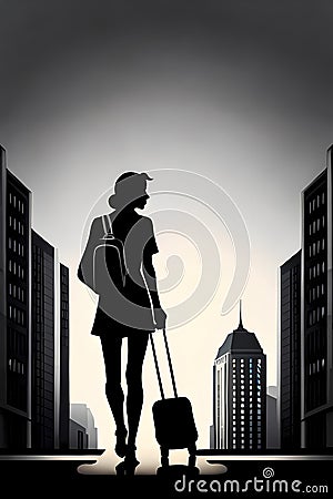 Newcomer - Silhouette of a girl with small rolling case Cartoon Illustration