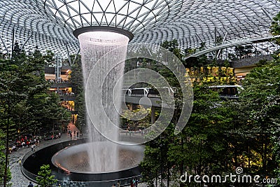 Newest man-made waterfall in Singapore at Jewel Department store in Changi Airport, Singapore Editorial Stock Photo