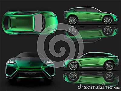 The newest sports all-wheel drive green premium crossover in a black studio with a reflective floor. 3d rendering. Stock Photo