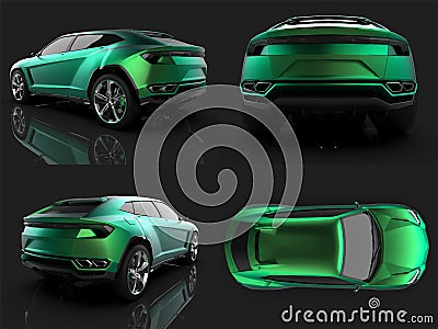 The newest sports all-wheel drive green premium crossover in a black studio with a reflective floor. 3d rendering. Stock Photo