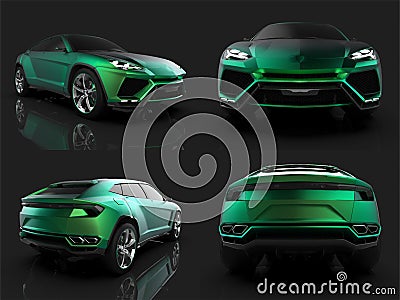 The newest sports all-wheel drive green premium crossover in a black studio with a reflective floor. 3d rendering. Stock Photo