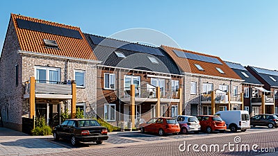 Newly build houses with solar panels attached on roof against a sunny sky Close up of solar pannel Stock Photo