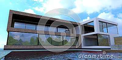 Newly built empty country house. A look through the eyes of a person floating in a pool. 3d render Stock Photo