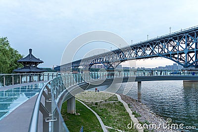 Newly built Glass Trestle Bridge is beside the Nanjing Yangtze River Bridge. Editorial Stock Photo
