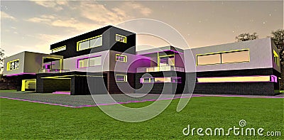 Newly built suburban apartment house for three families. Night view of the illuminated facade. Freshly cut lawn under amazing Stock Photo