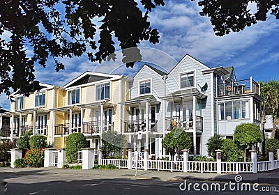 Newly built terrace houses in small Canterbury town of Akaroa in New Zealand Editorial Stock Photo