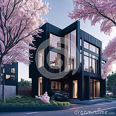 Newly constructed contemporary home bright sky with magnolia trees. Ultra modern, minimalistic, stylish house in black. A close up Stock Photo
